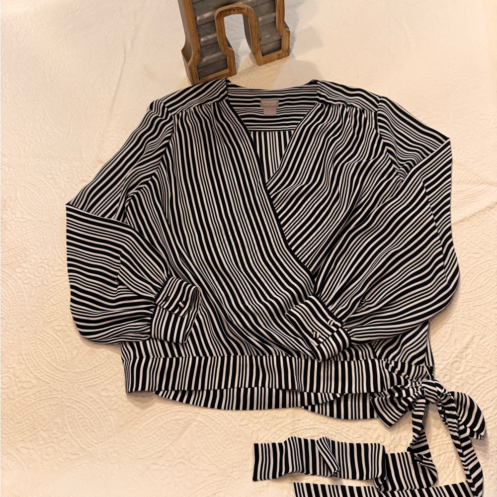 Chico's Black Label, Black and White Striped Wrap Blouse